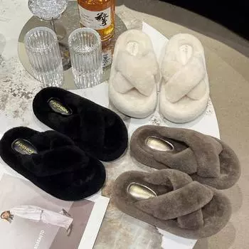 2024 г. Новые квадратные тапочки с толстой подошвой, флисом и крестом внутри, две пары однотонных повседневных и модных пушистых тапочек большого размера. 35