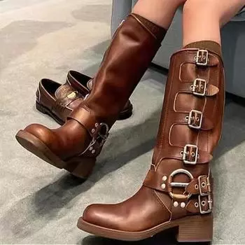 2024 г. Новые модные женские мотоциклетные ботинки Zapatilla из черной искусственной кожи с металлической пряжкой в стиле панк и толстым каблуком 35 чёрный