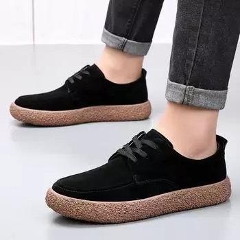 2024 г. Новые мужские повседневные туфли из коровьей замши с круглым носком, на шнуровке, с мягкой подошвой, дышащие повседневные туфли для вождения 38 чёрный