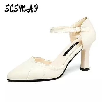 2024 г. Однотонные босоножки на высоком каблуке, женские, сказочный стиль, летняя новинка Baotou, однотонная пряжка, толстый каблук, женская удобная обувь 35 бежевый