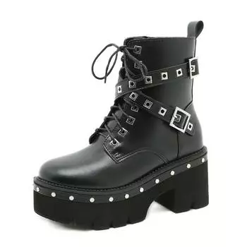 2024 г., осенние новые сапоги на толстом каблуке с заклепками на толстой подошве в европейском и американском стиле на каблуке 8,5 см, короткие женские ботинки Lhx 35 чёрный