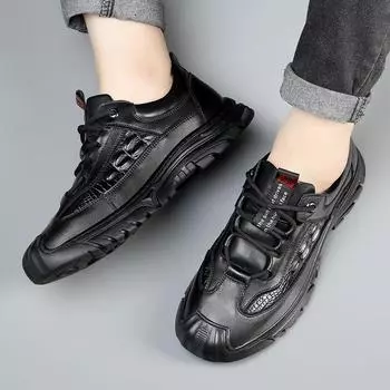 2024 г. Подлинная повседневная кожаная обувь в английском стиле на толстой подошве из мягкой коровьей кожи, новая мужская обувь, черные кроссовки на шнуровке 38 чёрный