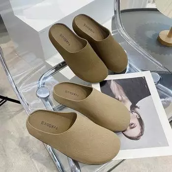 2024 г. полутапочки с толстой подошвой, женская верхняя одежда, тапочки с круглым носком и плоским дном, повседневные сандалии из матовой кожи, полутапочки 35 коричневый