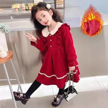 2024 г. Праздничное зимнее платье для девочек с длинными рукавами красного цвета - новогодняя юбка принцессы 140 cm красный