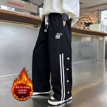 2024 г. Широкие брюки из бархата в корейском стиле для мальчиков — повседневные брюки на пуговицах для детей на осень/зиму 130 cm чёрный