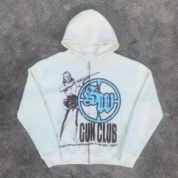 2024 г. Толстовка с капюшоном на молнии с индивидуальным рисунком Ins Character, готический свитер, серый модный теплый топ Y2K для мужчин и женщин S белый