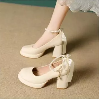 2024 г. Туфли на платформе с круглым носком, африканские женские, массивные сандалии, короткие туфли-лодочки, последние туфли Mary Jane, туфли-лодочки, 3 см, бордовые 34 бежевый