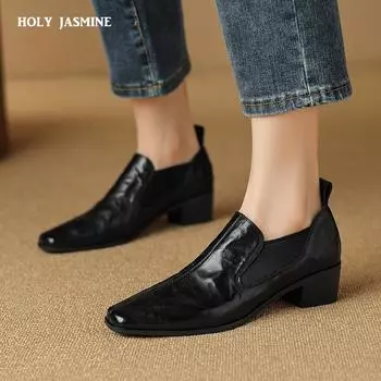 2024 г., женские туфли-лодочки из натуральной кожи, весна-лето, на толстом каблуке, базовые офисные туфли для женщин и мужчин, рабочие туфли для взрослых, женские туфли-лодочки, новое поступление 34 чёрный