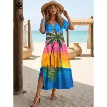 2024 Гавайские женские платья с принтом кокосовой пальмы Платья миди для отпуска Женское платье с коротким рукавом Модные летние платья с V-образным вырезом S