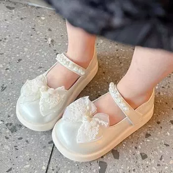 2024 Girl Leather Shoes Mary Jane Ancient Style Kids Princess Hanfu Single Shoes Fashion Sweet Lace Bowknot Children Dress Shoes 26 розовый
