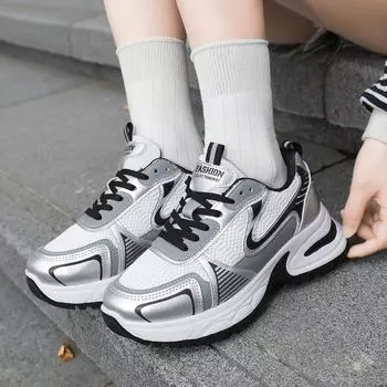 2024 girls casual shoes popular mesh breathable dad shoes comfortable breathable thick-soled sports women s shoes 36 серебряный