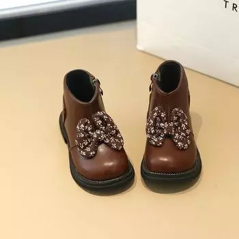 2024 Модные кожаные ботинки для девочек, расписанные вручную банты, детские ботинки челси принцессы, застежка-молния сбоку, круглый носок, однотонный полиуретан, простые 21 коричневый