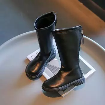 2024 Girls High Boots Kids Fashion Chic Solid Black Uniform Party Shoes Back Zip Winter Warm Breathable Low Heels Children Boots 26 бежевый