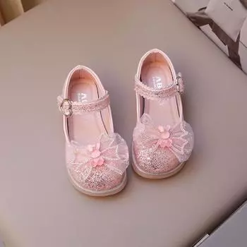 2024 Girls Princess Leather Shoes Spring/autumn Children s Flats Fashion Glitter Bowtie Kids Causal Mary Jane Shoes for Party 26 розовый