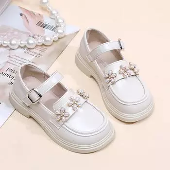 2024 Girls Princess Leather Shoes Sweet Flower Children School Causal Shoes Fashion Elegant Kids Mary Jane Shoes Thick Bottom 26 чёрный