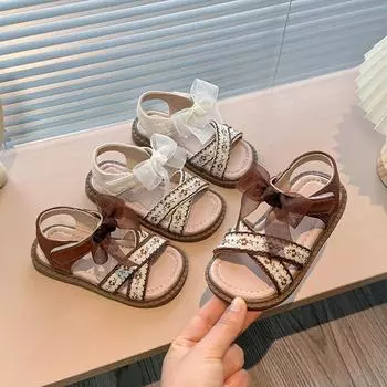 2024 Girls Sandals Summer New Embroider Kids Princess Dress Flat Sandals Fashion Children Chic Bowtie Open-toe Sandals Hook Loop 21 бежевый