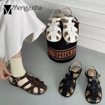 2024 Гладиаторские сандалии с пряжкой на ремешке Женские кожаные лоферы на плоской подошве Женские туфли с вырезами Ретро-шлепанцы Босоножки на низком каблуке 5 коричневый