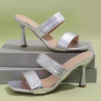 2024 года, лето, новые женские туфли-шлепанцы большого размера с квадратной головкой и шпилькой в европейском и американском стиле с одним словом 36 серебряный
