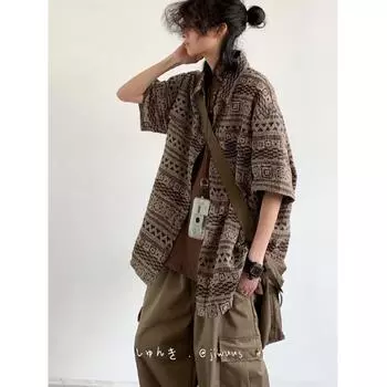 2024 Гонконгский стиль, новый китайский стиль C, китайский стиль, пряжка, ниша, жаккардовая рубашка из темного зернистого ледяного шелка с листьями для мужчин M