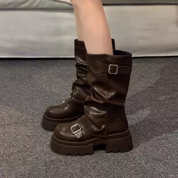 2024 Горячая Распродажа Новые Женские Ботинки До Середины Икры С Круглым Носком На Толстом Каблуке Однотонные Износостойкие Ботинки Для Женщин Botines Mujer 35 чёрный