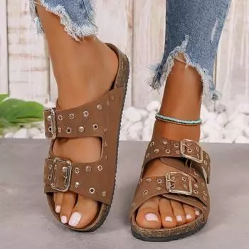 2024 Горячая Распродажа Однотонные Мягкие Подошвы Толстая Подошва 2024 Новые Ретро Пряжка Ремня Универсальные Тапочки Женская Обувь Внешняя Повседневная Обувь 36 чёрный