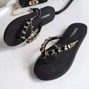 2024 Горячая Распродажа Туфли для женщин Летние женские тапочки Разноцветные блестящие бриллиантовые открытые носки на низком каблуке Пляжные тапочки для женщин 35 чёрный