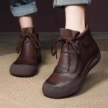 2024 Горячая Распродажа Туфли для женщин на шнуровке Женские ботинки Зимние римские круглые носки Короткие бочонки на низком каблуке Большие размеры Сапоги Zapatos Mujer 35 чёрный
