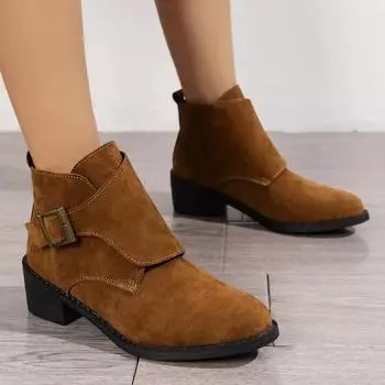 2024 Горячая Распродажа Туфли Женские Сапоги Зимние Круглые Носки Замшевые Однотонные Короткие Ботинки На Блочном Каблуке Большие Размеры Модные Сапоги 36 чёрный