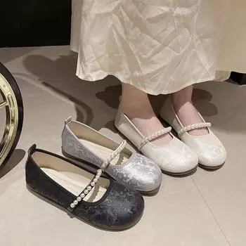 2024 Горячая Распродажа Универсальная Женская Обувь Бисером Круглый Носок Мелкий Рот Темперамент Удобная Женская Обувь Baotou Slip-On 35 бежевый