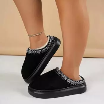 2024 Горячая Распродажа Женская Обувь Baotou Женские Тапочки Модные Плюс Бархатные Повседневные Тапочки Женские Зимние Большие Размеры Плоские Тапочки 36 чёрный