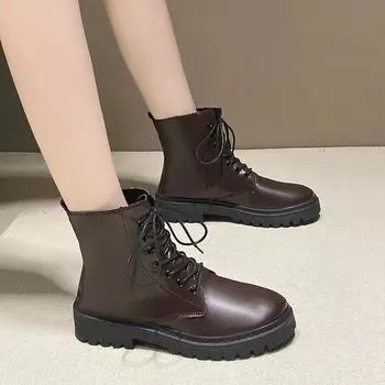 2024 Горячая Распродажа Женская Обувь Ботильоны Женские Классические Современные Ботинки Женские Шитье Круглый Носок Спереди Шнуровка Низкий Каблук Женская Обувь 35 чёрный