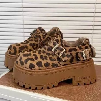 2024 Горячая Распродажа Женская Обувь Ремешок с Пряжкой Модный Леопардовый Принт Повседневные Туфли-Лодочки Женские Новые Круглые Носки На Платформе Каблуки Zapatos Mujer 35 коричневый