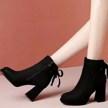 2024 Горячая Распродажа Женская Обувь Женские Ботинки Ретро Современные Ботинки Однотонные Молнии Круглый Носок Толстый Каблук Женские Ботинки 35 чёрный