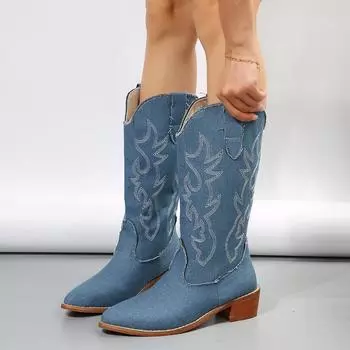 2024 Горячая Распродажа Женские Ботинки Зимние Ботинки с Острым Носом Джинсовые Высокие Ботинки на Массивном Каблуке Большого Размера в Вестерн 35 синий