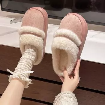 2024 Горячая Распродажа Зимние женские тапочки Зимние новые толстые женские тапочки с бархатным утолщением и мохнатыми вставками большого размера из хлопка для женщин 36 бежевый