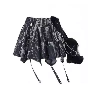 2024 Готическая женская серая юбка трапециевидной формы Y2k Мини-юбки в стиле панк 90-х годов Эстетическая элегантная винтажная джинсовая юбка Harajuku 2000-х годов Одежда Лето S чёрный