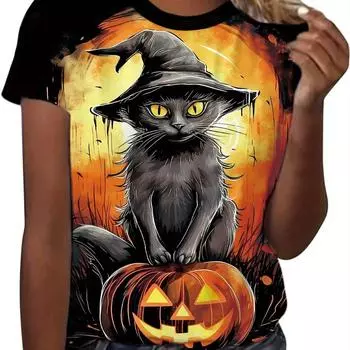 2024 Хэллоуин новые женские футболки с принтом «Ведьма, кошка и тыква» на 3D-принте на лето с короткими рукавами из микроэластичной ткани, модные женские футболки S