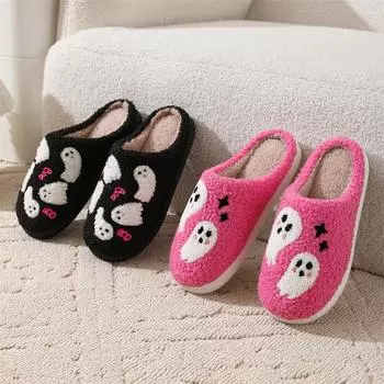 2024 Хэллоуин забавные тапочки вышивка призрак теплые зимние хлопковые тапочки мужские и женские парные нескользящие домашние тапочки для дома 36-37(Fit 35-36)