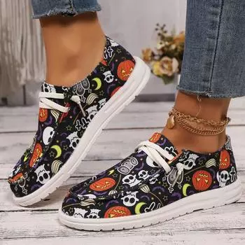 2024 Halloween New Women s Fashion Printed Shoes Flat Bottom Round Head Women s Single Shoes Casual Comfortable Women s Shoes 36 чёрный
