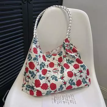 2024 Hanfeng летняя сумка большой вместимости для переноски через плечо, сумка для покупок с завязками, свежая цветочная сумка-тоут, сумка подмышкой