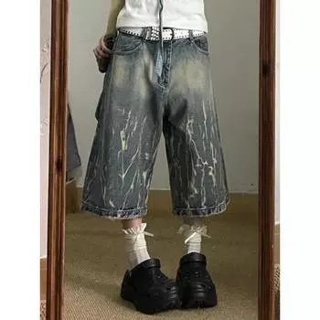 2024 Harajuku Пара Винтаж Свободные Синие Джинсовые Шорты Женские Уличные Готический Рок Панк Негабаритные Повседневные Широкие Укороченные Брюки S синий