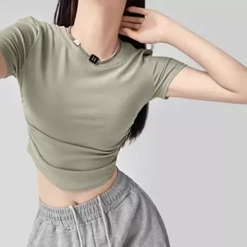2024 Harajuku Женская хлопковая футболка с круглым вырезом, короткими рукавами и рюшами по бокам, футболки S армия зеленый