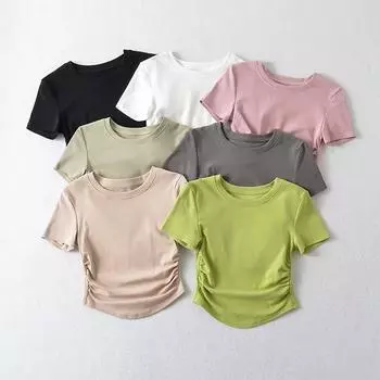 2024 Harajuku Женская хлопковая футболка с круглым вырезом, короткими рукавами и рюшами по бокам, футболки S армия зеленый