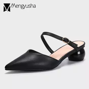 2024 High End Solid PU Leather Slippers Women Home&Outdoor Slides Sandals Belt Strap Summer Shoes Ladies Round Heels Flipflops 5 абрикосовый