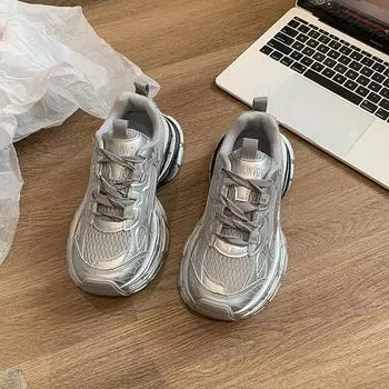 2024 high-end thin mesh dad shoes women s thick-soled lightweight sports shoes versatile silver casual shoes 35 серебряный