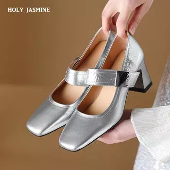 2024 Элегантные женские туфли на высоком каблуке, весна-лето, натуральная кожа, квадратный носок, пряжка, ремешок, туфли Мэри Джейн, женские, офисные, для леди 34 чёрный