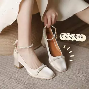 2024 Туфли на высоком каблуке, женская мода, квадратный каблук, квадратный носок, туфли Мэри Джейн, элегантные туфли на среднем каблуке для вечеринок, однотонный стиль для банкета 34 красный