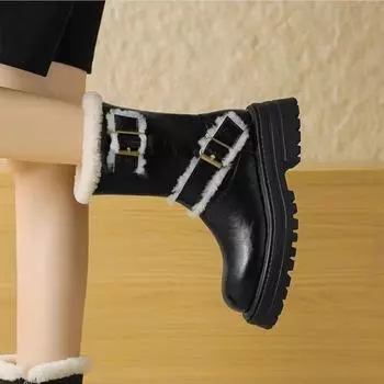 2024 High Quality Double Buckle Women s Ankle Boots Winter New Thick Bottom Snow Boots Female Plus Cotton Shoes for Woman 35 чёрный