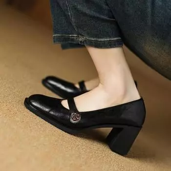 2024 High Quality Fashion Women s Chunky Heel Shoes New Spring Autumn Low Heel Solid Color PU High-heeled Ladies Pumps 35 чёрный