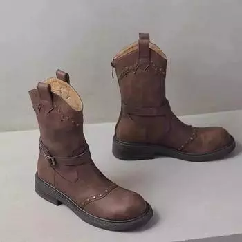 2024 High Quality Ladies Shoes Back Zip Women s Boots Fashion Rivet Modern Boots Women Winter Belt Buckle Mid-Calf Boots Zapatos 35 коричневый